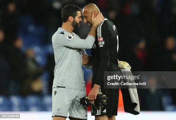 Julian Speroni of Crystal Palace and Heurelho Gomes of Watford after the Premier League match between Crystal Palace and Watford at Selhurst Park on...