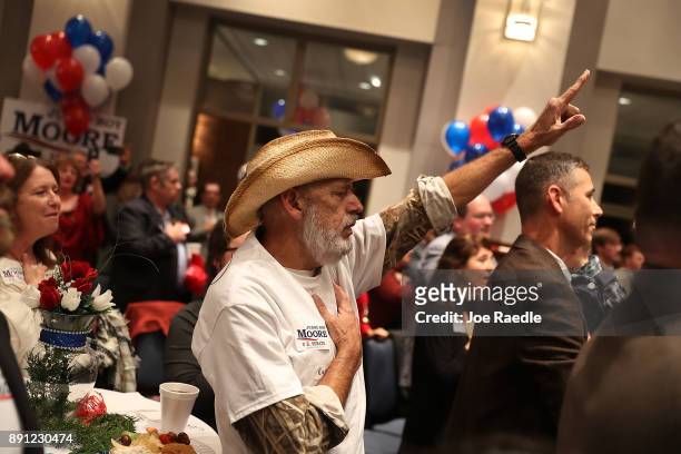 Supporters await the arrival of Republican Senatorial candidate Roy Moore for his election night party in the RSA Activity Center on December 12,...