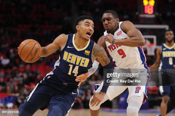 Gary Harris of the Denver Nuggets drives to the basket against Michael Gbinije of the Detroit Pistons at Little Caesars Arena on December 12, 2017 in...
