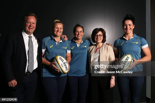 Rugby Australia CEO, Bill Pulver, Emily Robinson, Shannon Parry, Josephine Sukkar and Mollie Gray during a Rugby Australia press conference at the...