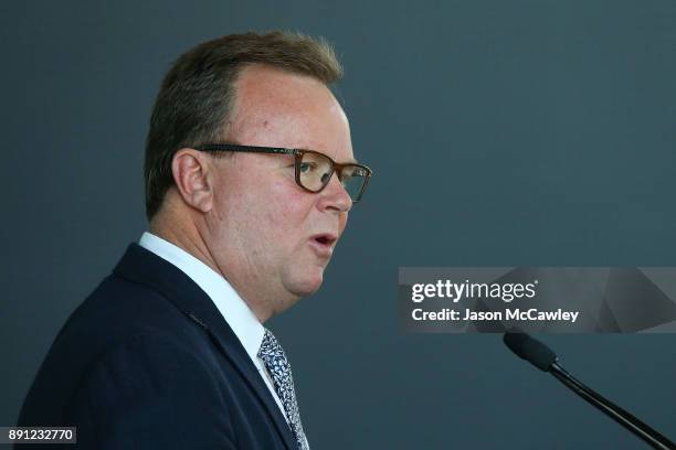 Rugby Australia CEO, Bill Pulver speaks to the media during a Rugby Australia press conference at the Rugby Australia Building on December 13, 2017...