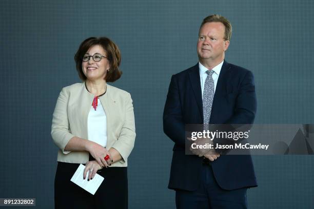 Josephine Sukkar and Rugby Australia CEO, Bill Pulver look on during a Rugby Australia press conference at the Rugby Australia Building on December...