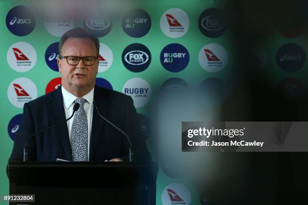 Rugby Australia CEO, Bill Pulver speaks to the media during a Rugby Australia press conference at the Rugby Australia Building on December 13, 2017...