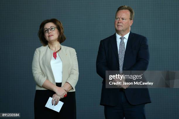 Josephine Sukkar and Rugby Australia CEO, Bill Pulver look on during a Rugby Australia press conference at the Rugby Australia Building on December...
