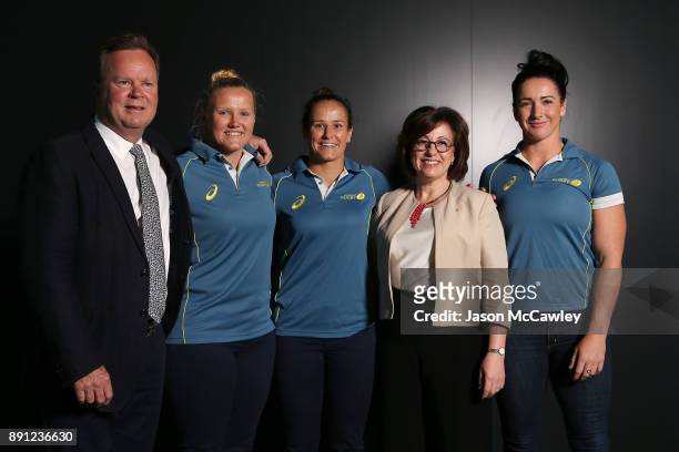 Rugby Australia CEO, Bill Pulver, Emily Robinson, Shannon Parry, Josephine Sukkar and Mollie Gray during a Rugby Australia press conference at the...