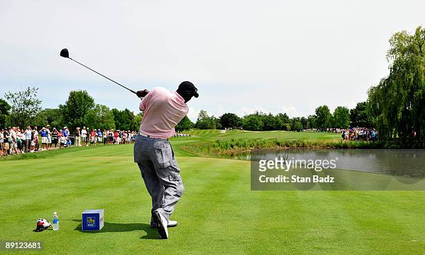 Five-time NBA MVP Michael Jordan hits a drive during the RBC Canadian Open's Mike Weir Charity Classic Pro-Am at Glen Abbey Golf Club on July 20,...