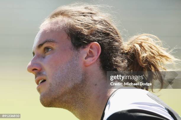 Tim Broomhead looks upfield during a Collingwood Magpies AFL training session on December 13, 2017 in Melbourne, Australia.