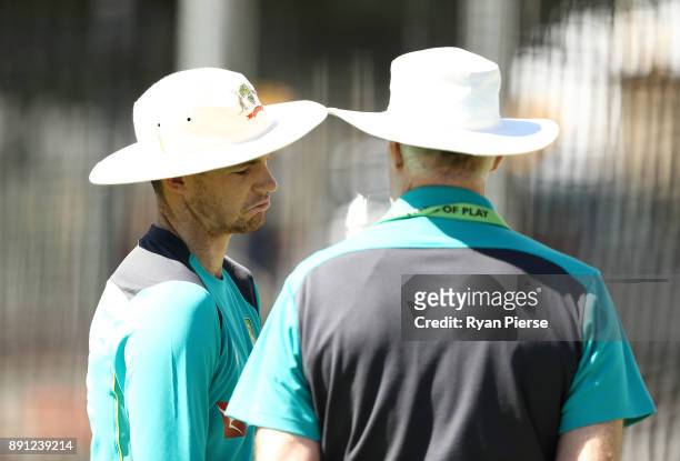 Peter Handscomb of Australia speaks with Australian Selector Greg Chappell during an Australian nets session ahead of the Third Test of the 2017/18...