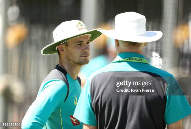 Peter Handscomb of Australia speaks with Australian Selector Greg Chappell during an Australian nets session ahead of the Third Test of the 2017/18...