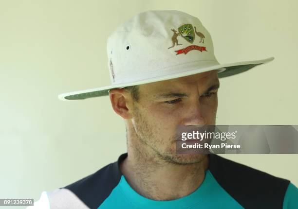 Peter Handscomb of Australia looks on during an Australian nets session ahead of the Third Test of the 2017/18 Ashes Series at the WACA on December...