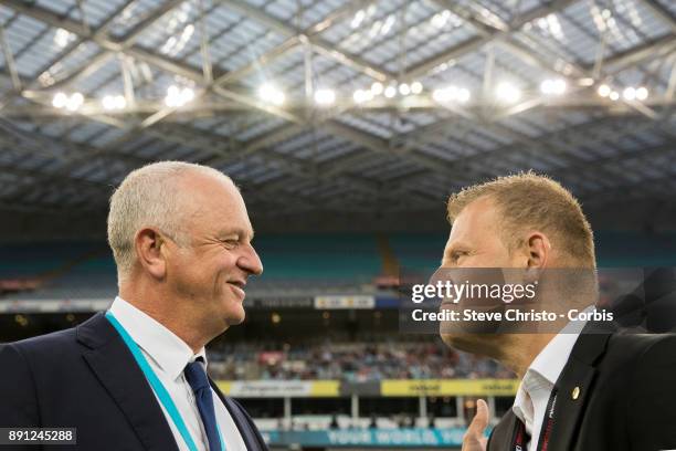 Graham Arnold of Sydney FC talks to Wanderers Josep Gombau before kick off in the round ten A-League match between the Western Sydney Wanderers and...