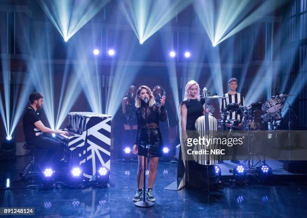 Episode 624 -- Pictured: Jack Patterson, Julie Michaels, Grace Chatto, Luke Patterson of Clean Bandit perform on December 12, 2017 --