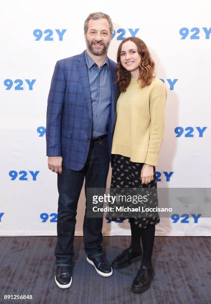Director and writer Judd Apatow and daughter Maude Apatow pose before taking part in a 92nd Street Y Talks at 92nd Street Y on December 12, 2017 in...
