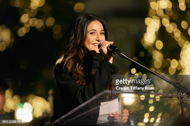 Emmanuelle Chriqui at the Village Synagogue and Emmanuelle Chriqui Host Menorah Lighting Ceremony at The Grove on December 12, 2017 in Los Angeles,...