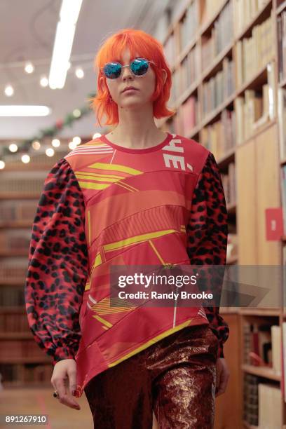 Model walks the runway during the Koche Pre-Fall 2018 Runway Show at Strand Bookstore on December 12, 2017 in New York City.