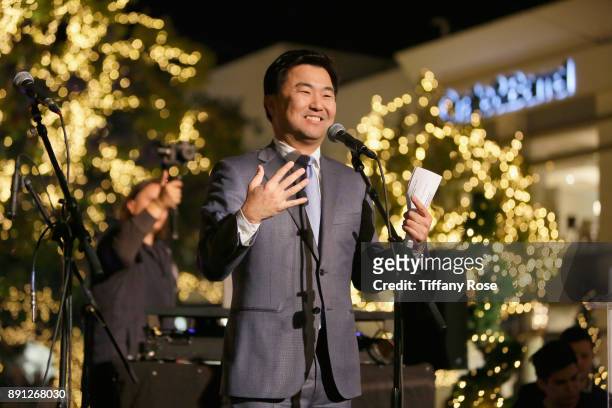 Councilmember David Ryu speaks onstage at the Village Synagogue and Emmanuelle Chriqui Host Menorah Lighting Ceremony at The Grove on December 12,...