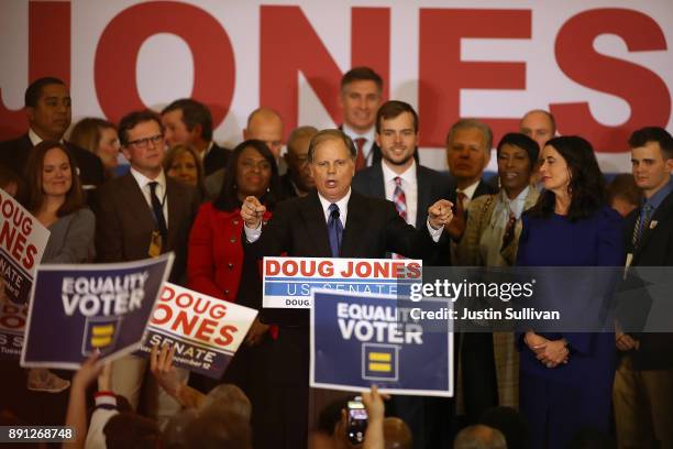 Democratic U.S. Senator elect Doug Jones speaks to supporters during his election night gathering the Sheraton Hotel on December 12, 2017 in...