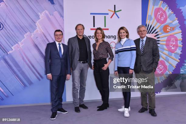 Volker Herres, Gerhard Delling, Jessy Wellmer, Katrin Mueller-Hohenstein and Peter Frey during the Olympia Press Conference on December 12, 2017 in...