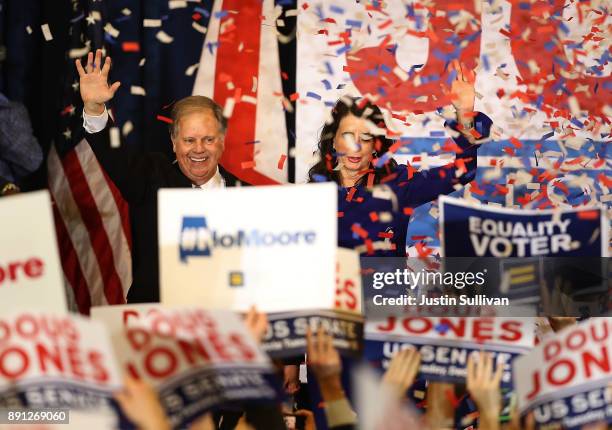 Democratic U.S. Senator elect Doug Jones and wife Louise Jones greet supporters during his election night gathering the Sheraton Hotel on December...