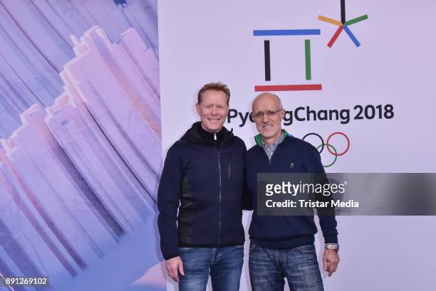 Dieter Thoma and Toni Innauer during the Olympia Press Conference on December 12, 2017 in Berlin, Germany.