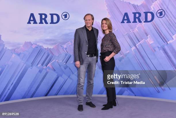 Gerhard Delling and Jessy Wellmer during the Olympia Press Conference on December 12, 2017 in Berlin, Germany.