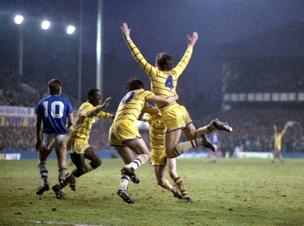 Colin Pates of Chelsea celebrates scoring a goal with his team-mates during the Canon League Division One match between Everton and Chelsea held on... Colin Pates of Chelsea celebrates scoring a goal with his team-mates during the Canon League Division One match between Everton and Chelsea held on...