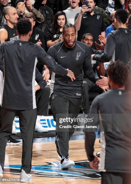 Kawhi Leonard of the San Antonio Spurs gets introduced before the game against the Dallas Mavericks on December 12, 2017 at the American Airlines...