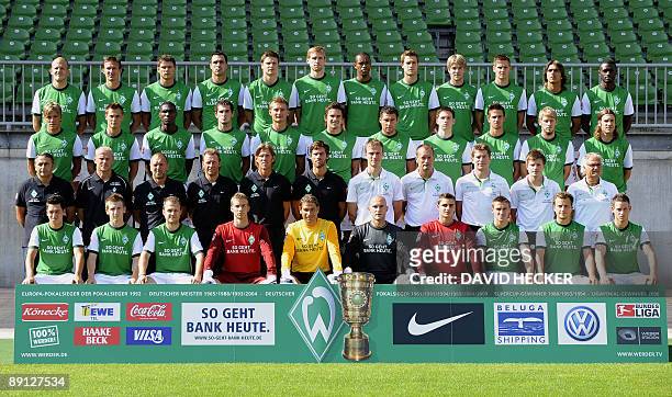 Players and team members of German first division Bundesliga football club Werder Bremen pose for a group picture during the team presentation on...