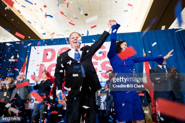 Alabama Democrat Doug Jones celebrates his victory over Judge Roy Moore at the Sheraton in Birmingham, Ala., on Tuesday, Dec. 12, 2017. Jones faced...