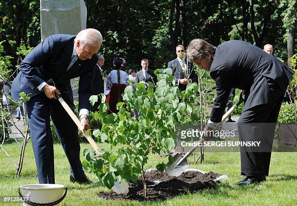 Vice President Joe Biden and Ukraine's President Viktor Yushchenko plant a tree at Golodomor memorial in Kiev on July 21, 2009. Biden is on a working...