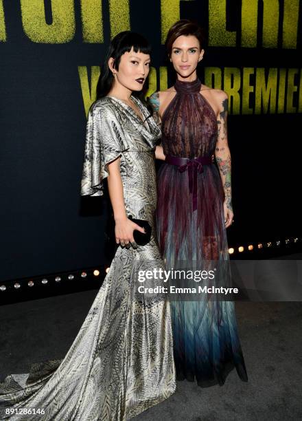 Hana Mae Lee and Ruby Rose attend the premiere of Universal Pictures' "Pitch Perfect 3" at Dolby Theatre on December 12, 2017 in Hollywood,...