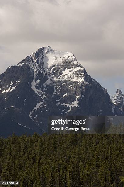 The east face of Mount Edith Cavell is seen from Athabasca Falls in this 2009 Jasper National Park, Canada, summer morning photo.