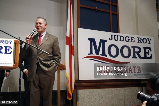 Roy Moore, a Republican from Alabama, speaks during an election night party in Montgomery, Alabama, U.S., on Tuesday, Dec. 12, 2017. The defeat of...