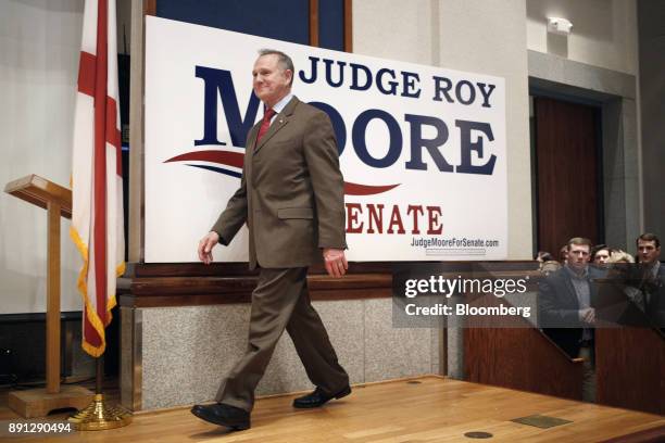 Roy Moore, a Republican from Alabama, walks onstage during an election night party in Montgomery, Alabama, U.S., on Tuesday, Dec. 12, 2017. The...