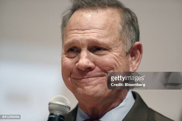 Roy Moore, a Republican from Alabama, pauses while speaking during an election night party in Montgomery, Alabama, U.S., on Tuesday, Dec. 12, 2017....
