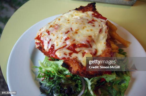 chicken breast schnitzel served with melted cheese, tomato sauce, pineapple and ham, and potato chips and salad - chicken parmigiana stockfoto's en -beelden