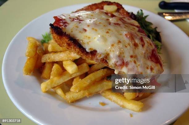 chicken breast schnitzel served with melted cheese, tomato sauce, pineapple and ham, and potato chips and salad - chicken parmigiana stockfoto's en -beelden