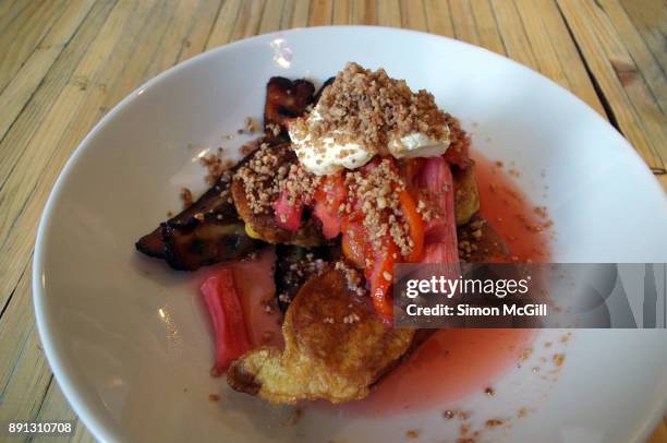 french toast, poached rhubarb and orange, marscapone cheese and crushed hazelnuts with grilled bacon - rhubarb bread stock pictures, royalty-free photos & images