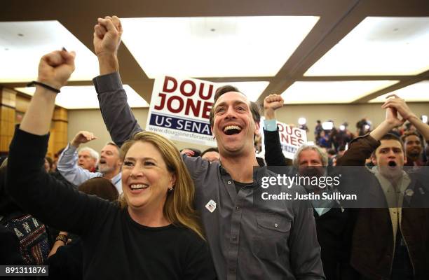 Supporters of democratic U.S. Senator elect Doug Jones celebrate as Jones is declared the winner during his election night gathering the Sheraton...
