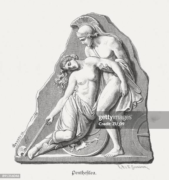 achilles und penthesilea, griechische mythologie, antike reliefs, veröffentlicht im jahre 1879 - griechische kultur stock-grafiken, -clipart, -cartoons und -symbole