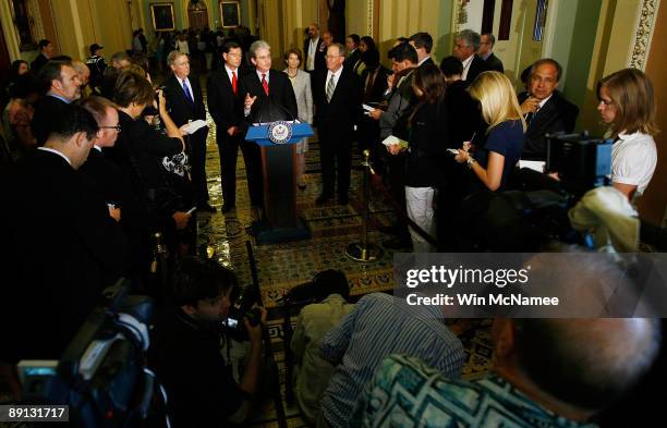 Sen. Tom Coburn speaks with reporters on President Obama's healthcare bill following a Reoublican luncheon at the U.S. Capitol July 21, 2009 in...