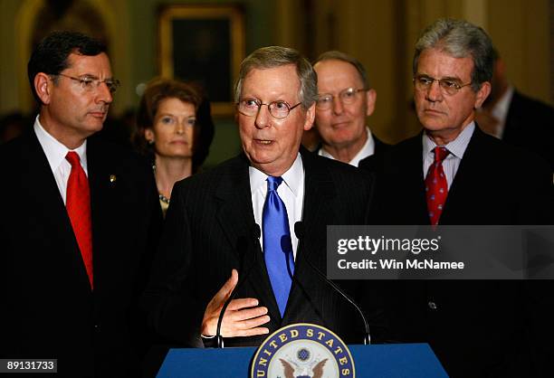 Sen. Mitch McConnell speaks with reporters on President Obama's healthcare bill following a Reoublican luncheon at the U.S. Capitol July 21, 2009 in...
