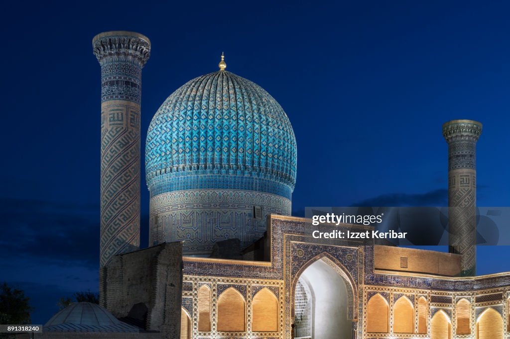 Gur Amir ( Tamerlane' s tomb ) Mausoleum, illuminated at the blue hours, Samarkand, Uzbekistan