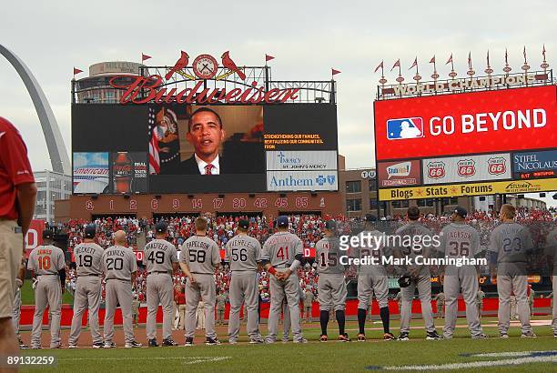 American League All-Stars watch a message from President Barack Obama on the scoreboard during the opening ceremonies of the 2009 MLB All-Star Game...