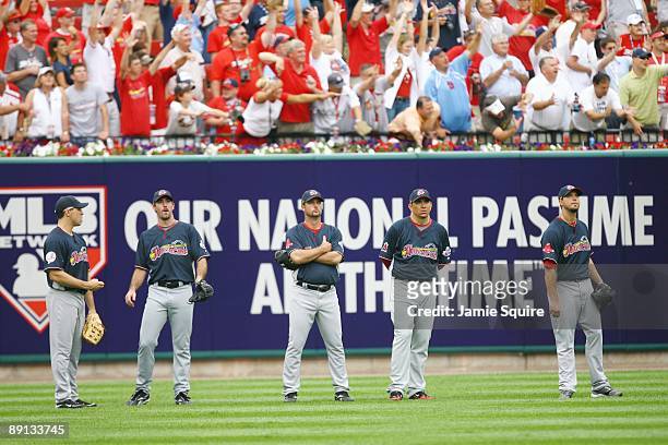American League All-Stars Mark Teixeira of the New York Yankees, Justin Verlander of the Detroit Tigers, Tim Wakefield of the Boston Red Sox, Brian...