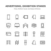 Advertising exhibition banner stands, display line icons. Brochure holders, pop up boards, bow flag, billboard folding marquees promotion design elements. Trade objects signs. Pixel perfect 64x64