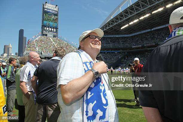 Seattle Sounders FC owner Drew Carey looks on during the game against Chelsea FC on July 18, 2009 at Qwest Field in Seattle, Washington.