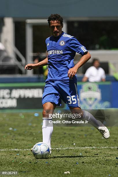 Juliano Belletti of Chelsea FC dribbles the ball against Seattle Sounders FC on July 18, 2009 at Qwest Field in Seattle, Washington.