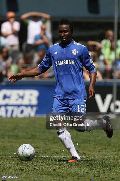 Mikel of Chelsea FC dribbles the ball against Seattle Sounders FC on July 18, 2009 at Qwest Field in Seattle, Washington.