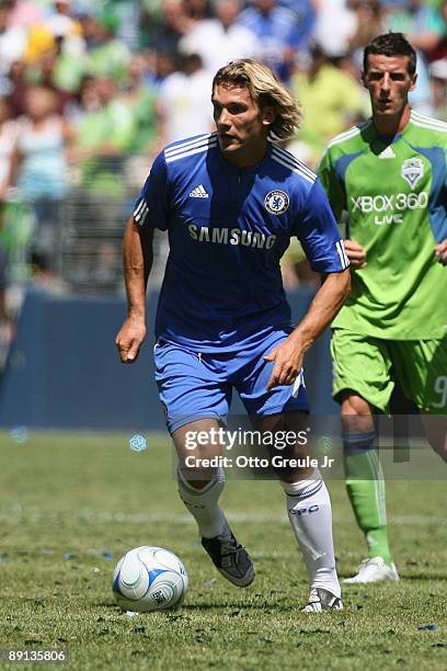 Andriy Shevchenko of Chelsea FC dribbles the ball against Seattle Sounders FC on July 18, 2009 at Qwest Field in Seattle, Washington.